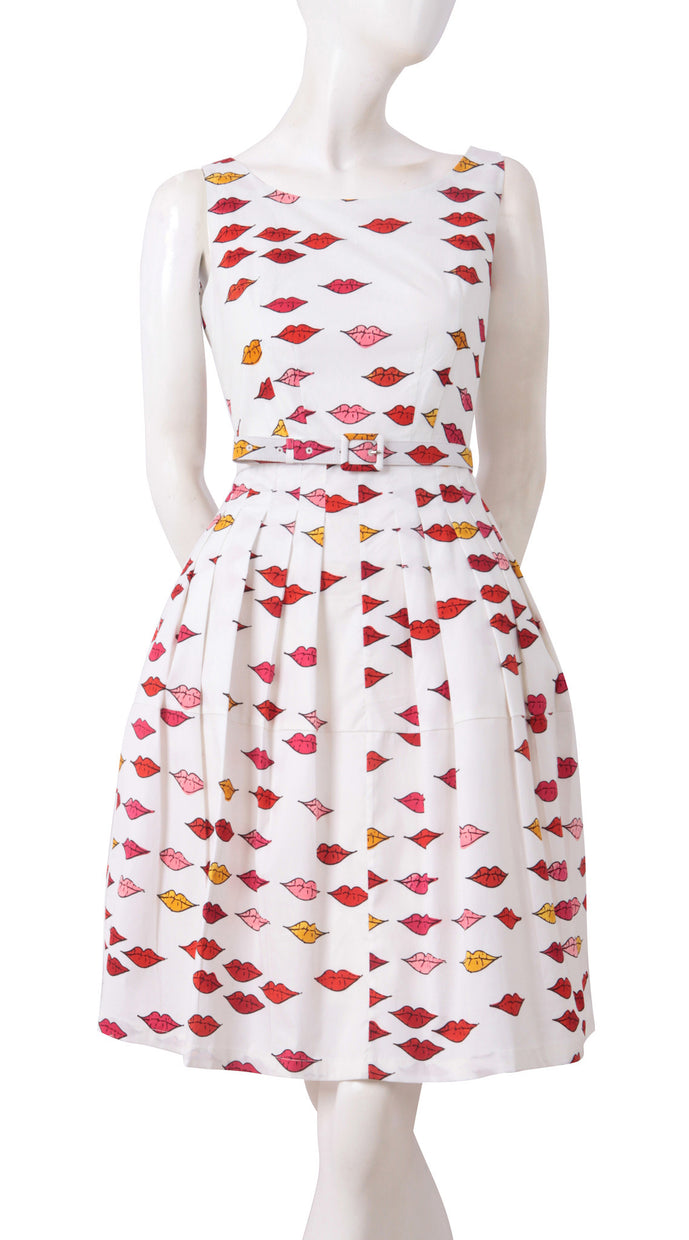 Sleeveless | Warhole Lips | White Indian Red | Front | Dress By Samantha Sung