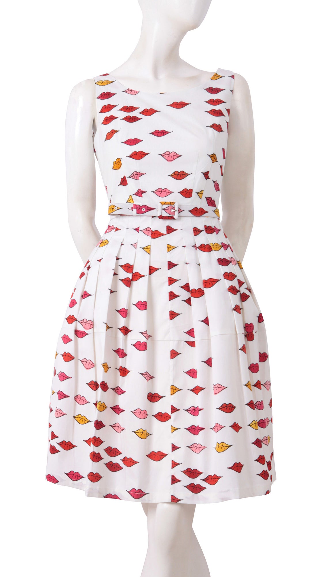 Sleeveless | Warhole Lips | White Indian Red | Front | Dress By Samantha Sung