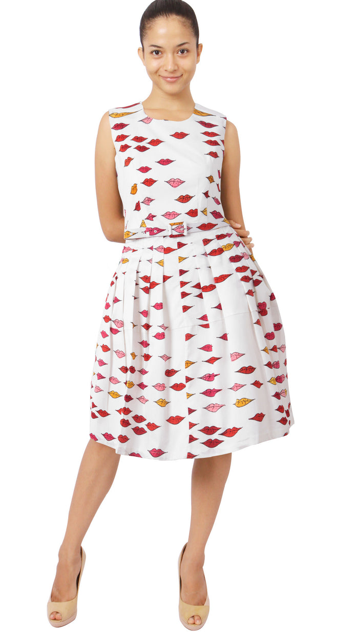 Sleeveless | Warhole Lips | White Indian Red | Front | Dress By Samantha Sung