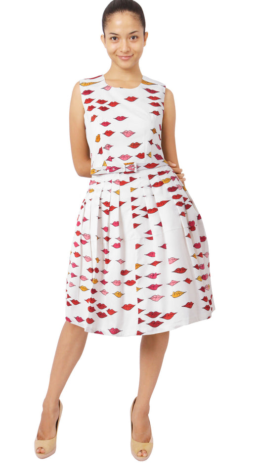 Sleeveless | Warhole Lips | White Indian Red | Front | Dress By Samantha Sung