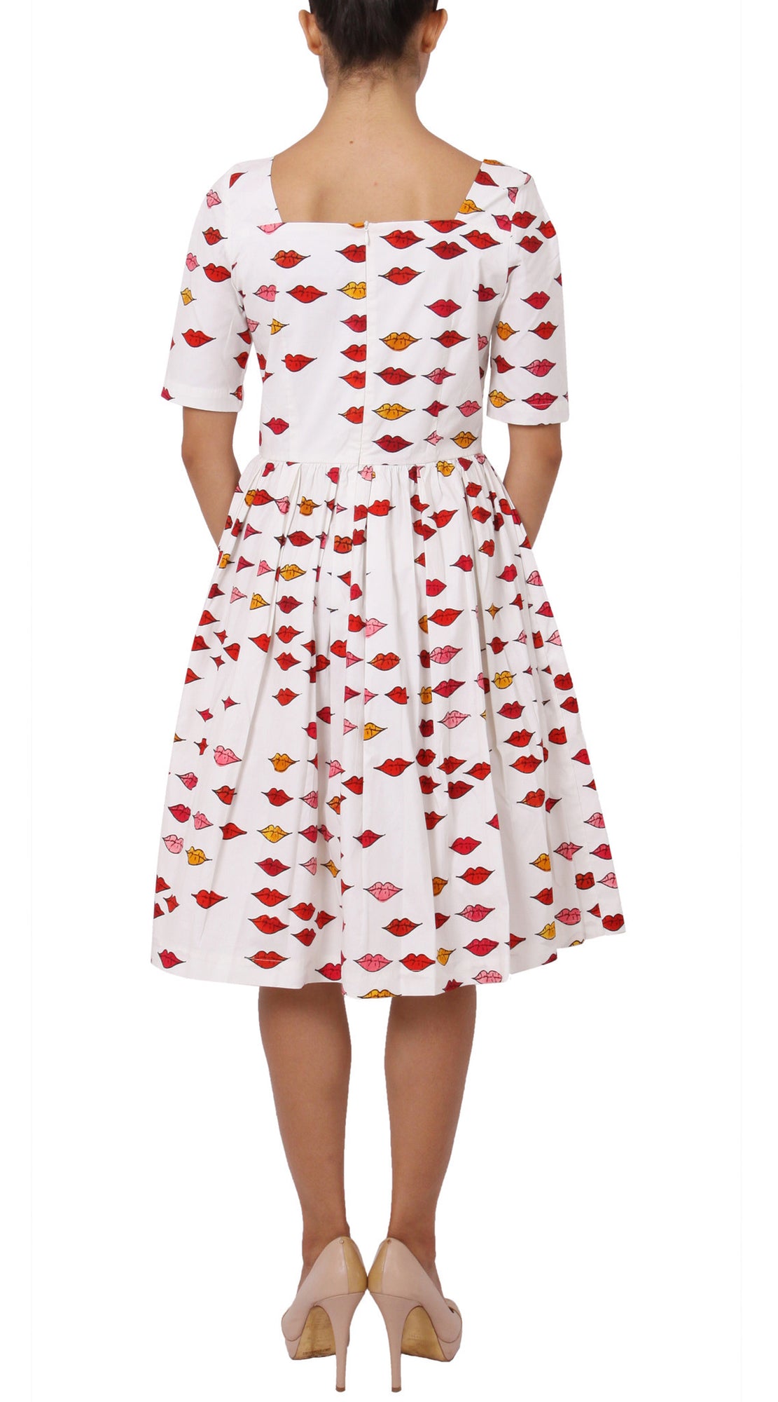 1/2 Sleeve | Warhole Lips | White Indian Red | Back | Dress By Samantha Sung