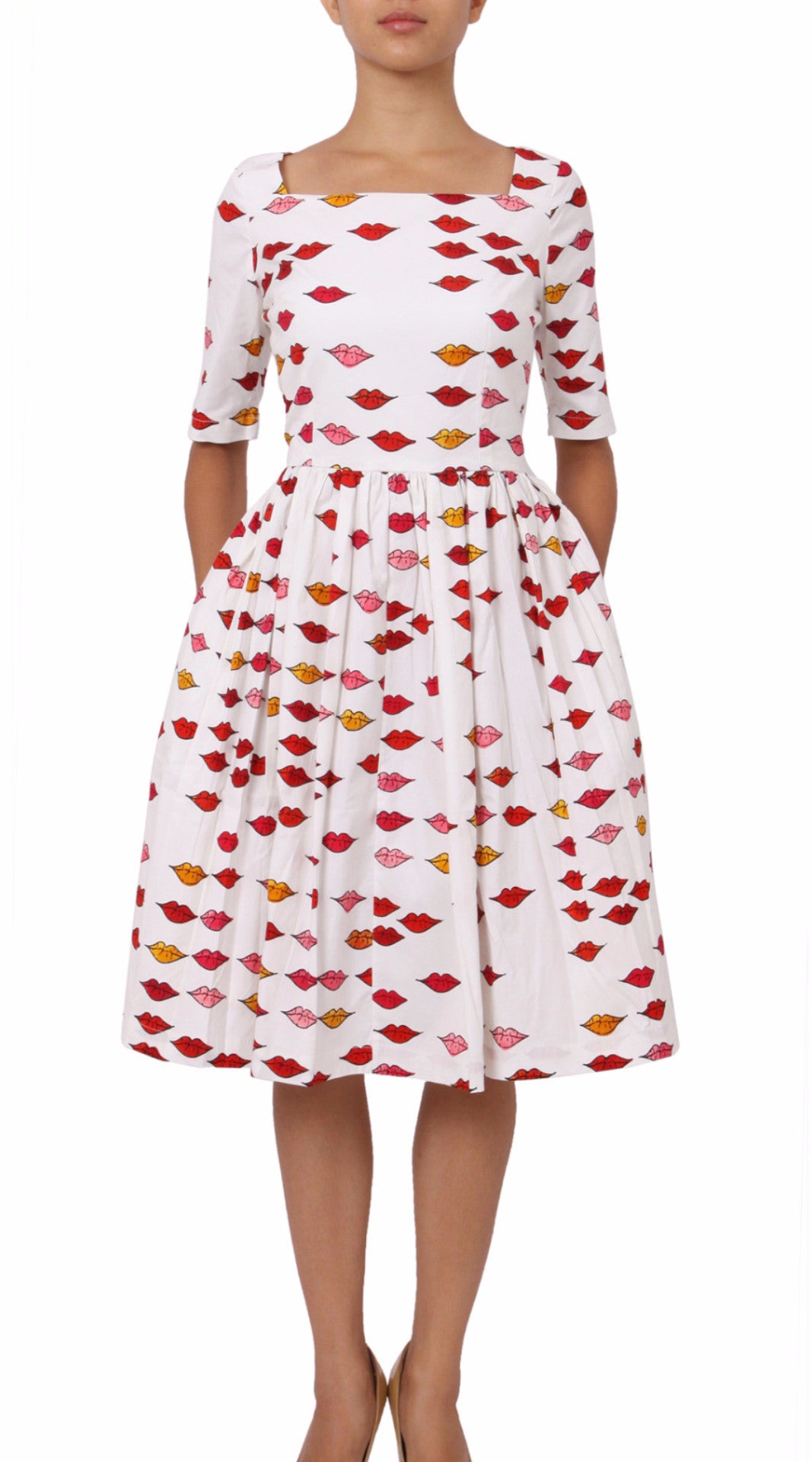 1/2 Sleeve | Warhole Lips | White Indian Red | Front | Dress By Samantha Sung