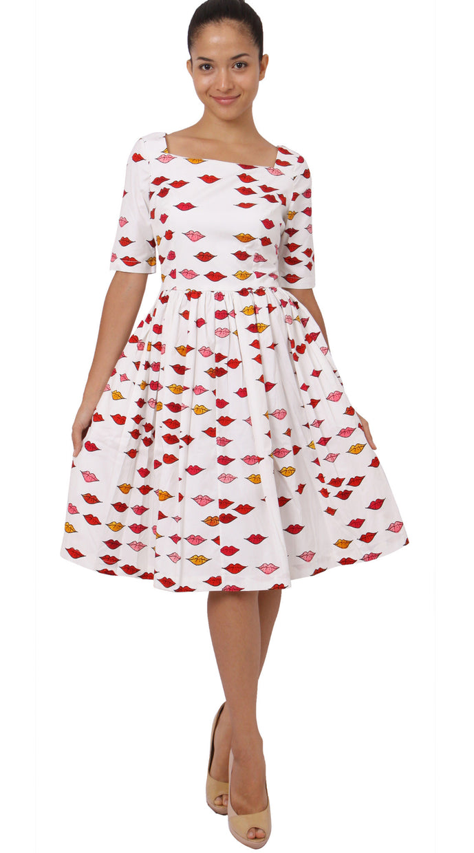 1/2 Sleeve | Warhole Lips | White Indian Red | Front-1 | Dress By Samantha Sung