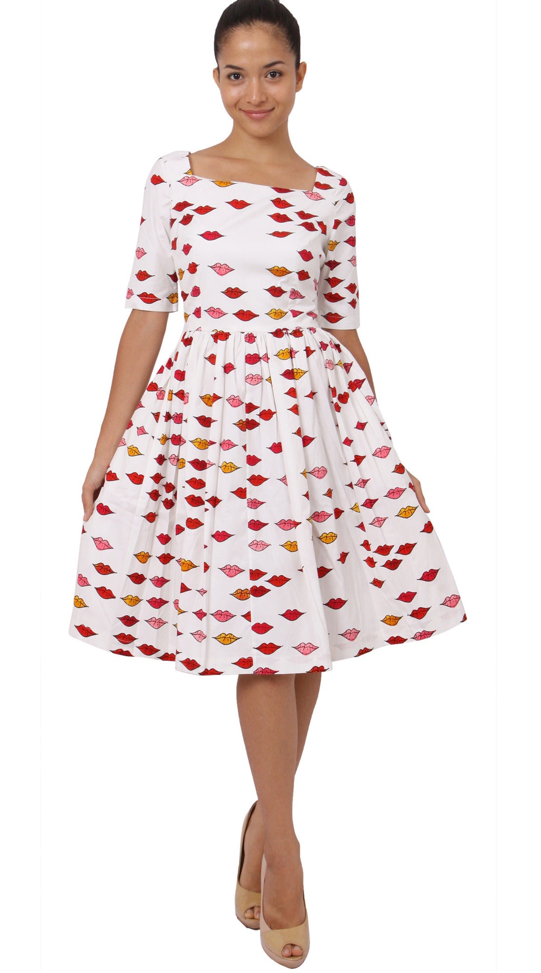 1/2 Sleeve | Warhole Lips | White Indian Red | Front-1 | Dress By Samantha Sung
