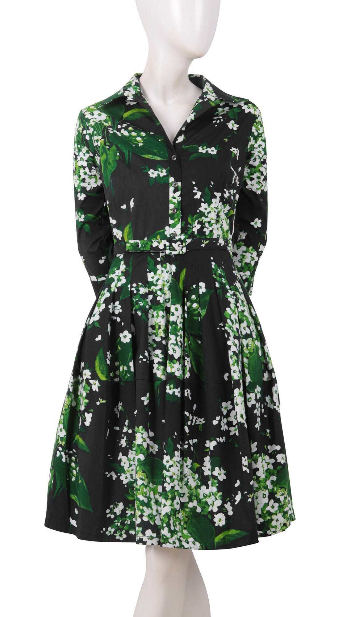 3/4 Sleeve | White Blossom | Black White | Front | Shirt Dress By Samantha Sung