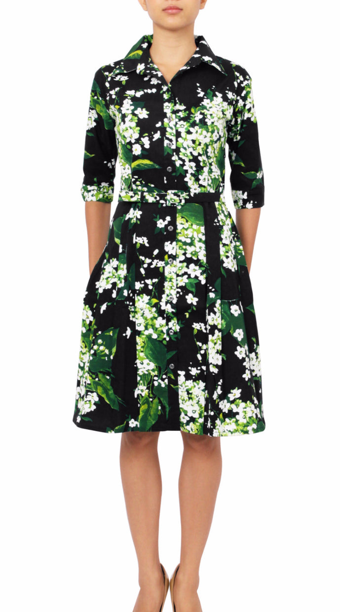 1/2 Sleeve | White Blossom | Black White | Front | Shirt Dress By Samantha Sung