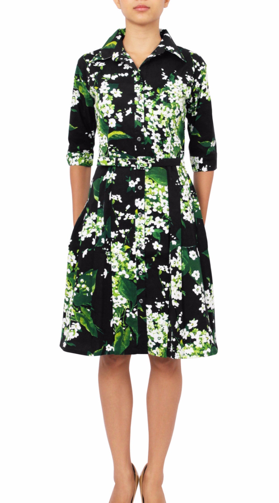 1/2 Sleeve | White Blossom | Black White | Front | Shirt Dress By Samantha Sung