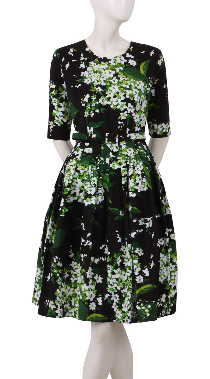 1/2 Sleeve | White Blossom | Black White | Front | Dress By Samantha Sung