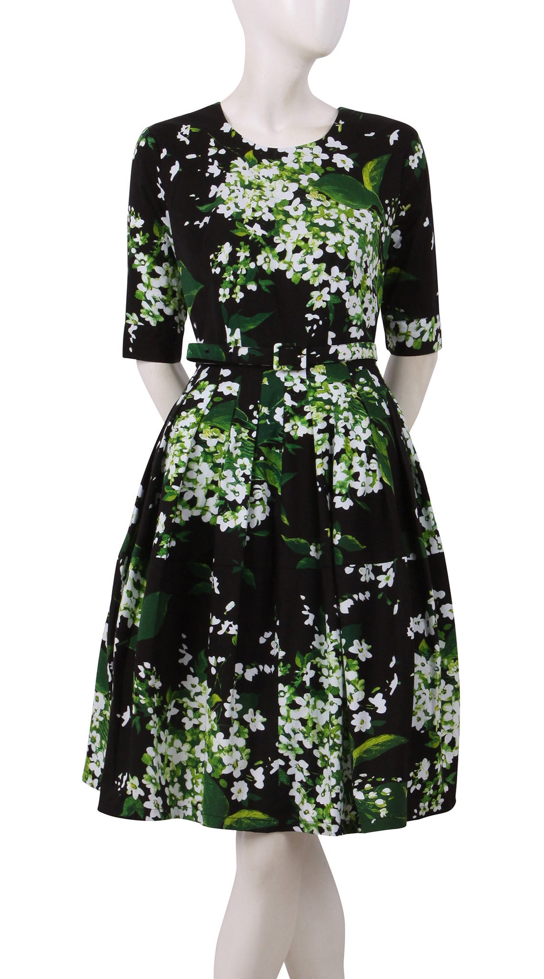1/2 Sleeve | White Blossom | Black White | Front | Dress By Samantha Sung