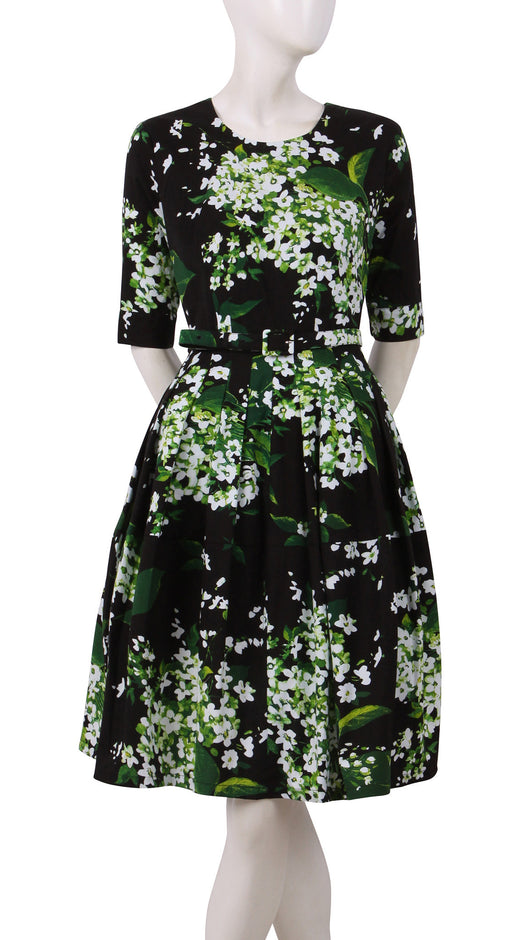 1/2 Sleeve | White Blossom | Black White | Front | Dress By Samantha Sung