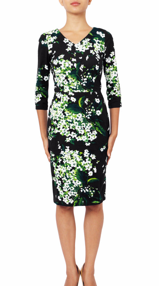 3/4 Sleeve | White Blossom | Indigo White | Front-1 | Dress By Samantha Sung