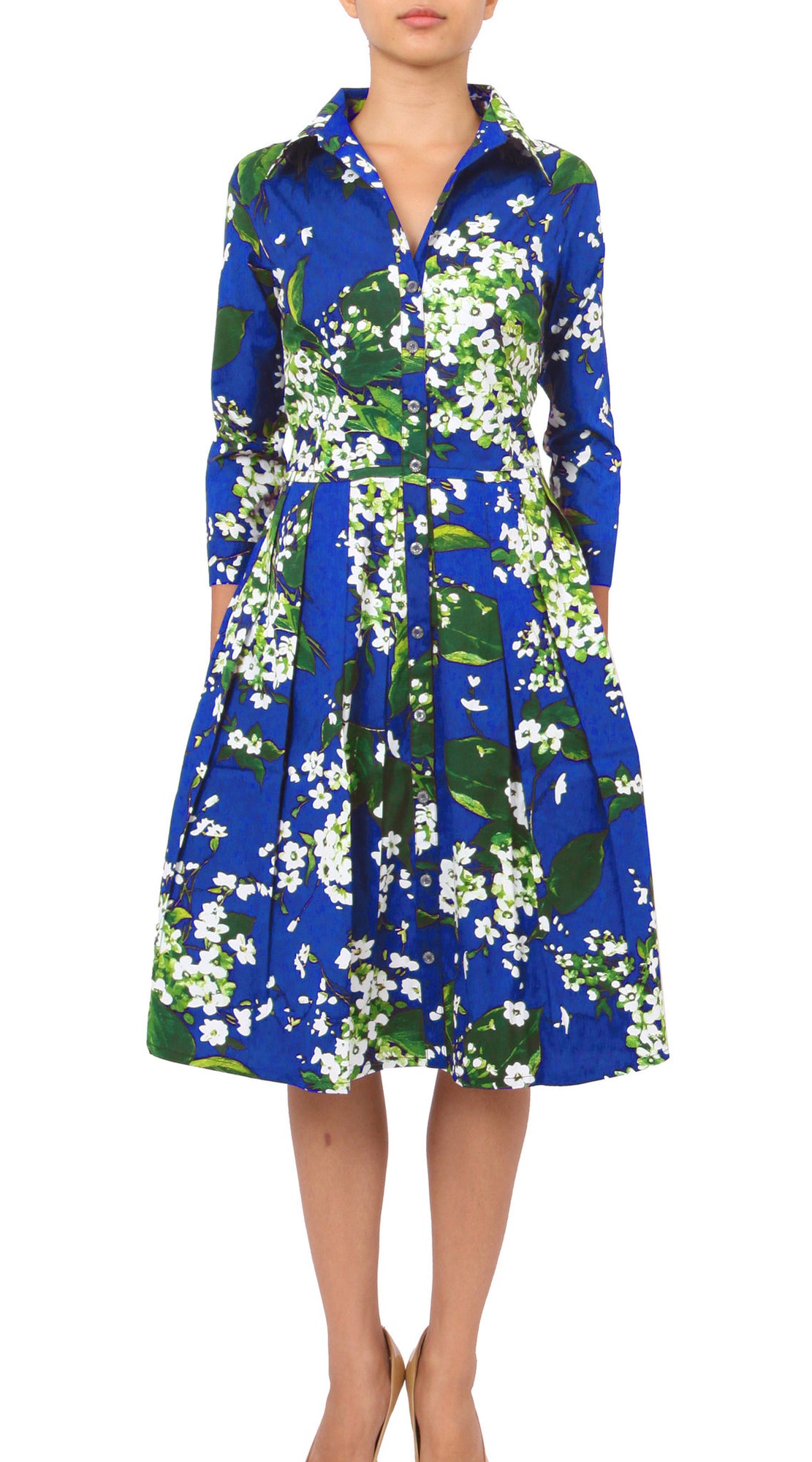 3/4 Sleeve | White Blossom | Cobalt Blue White | Front | Shirt Dress By Samantha Sung