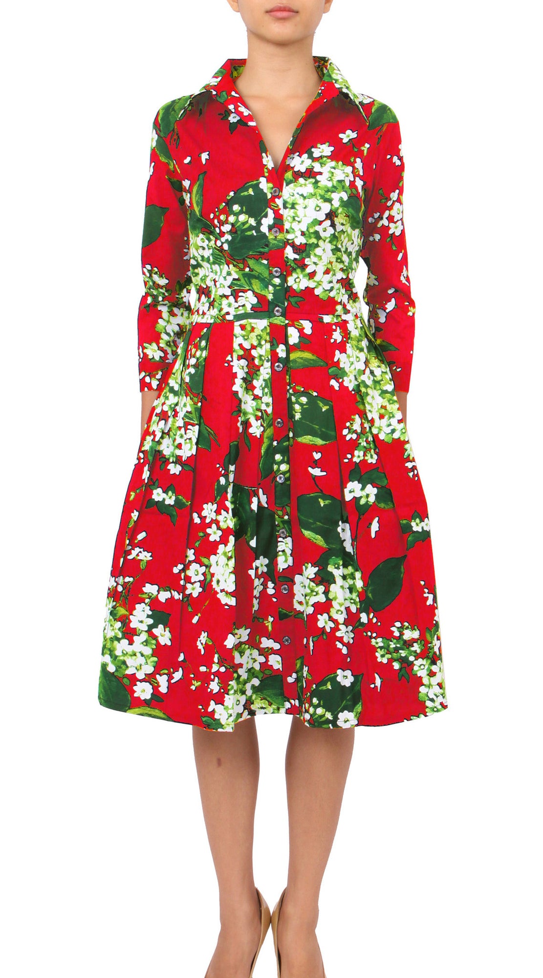 3/4 Sleeve | White Blossom | Indian Red White | Front | Shirt Dress By Samantha Sung
