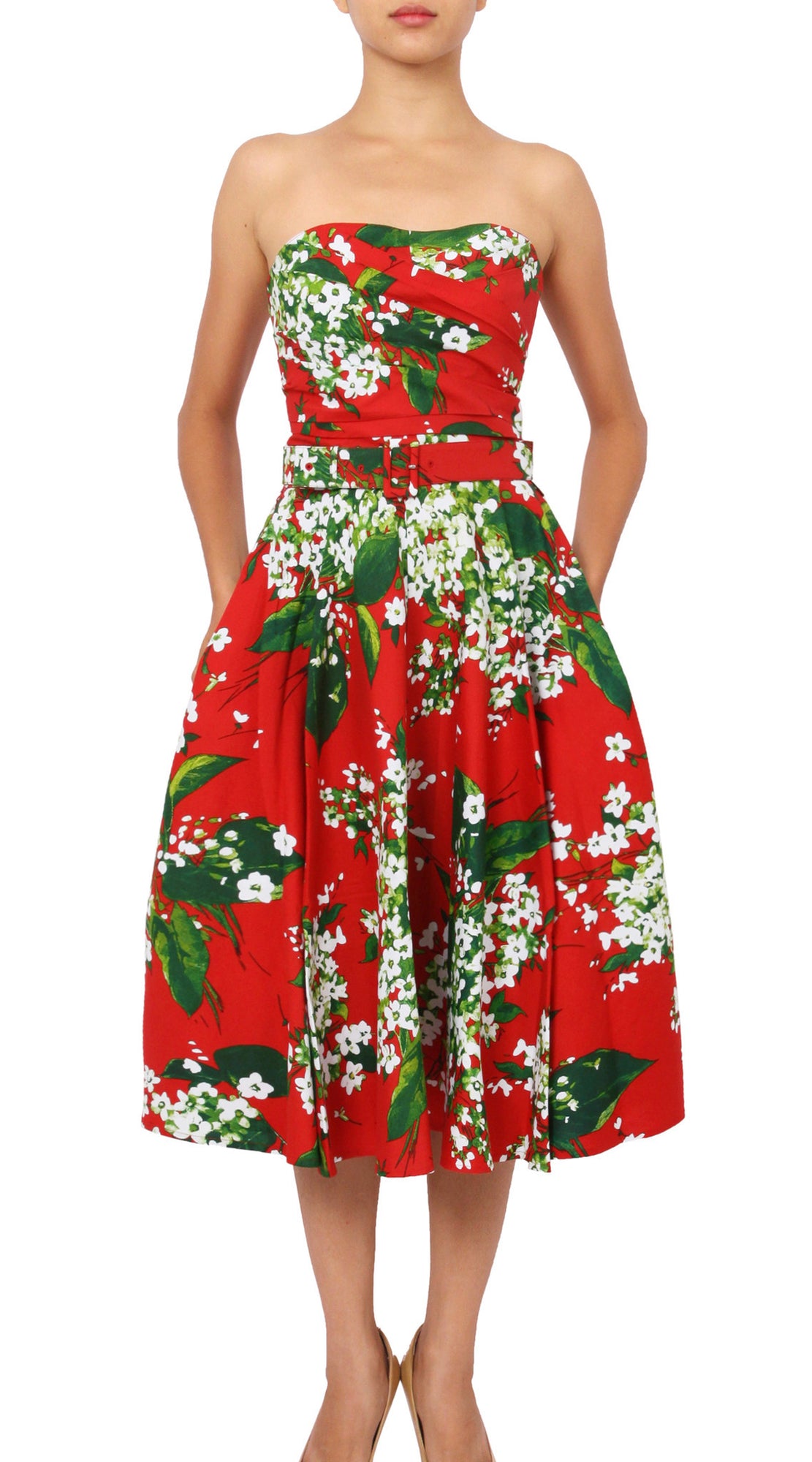 Strapless | White Blossom | Indian Red White | Front | Dress By Samantha Sung