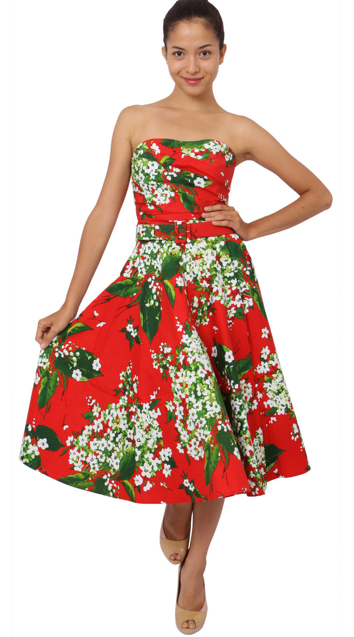 Strapless | White Blossom | Indian Red White | Front-1 | Dress By Samantha Sung