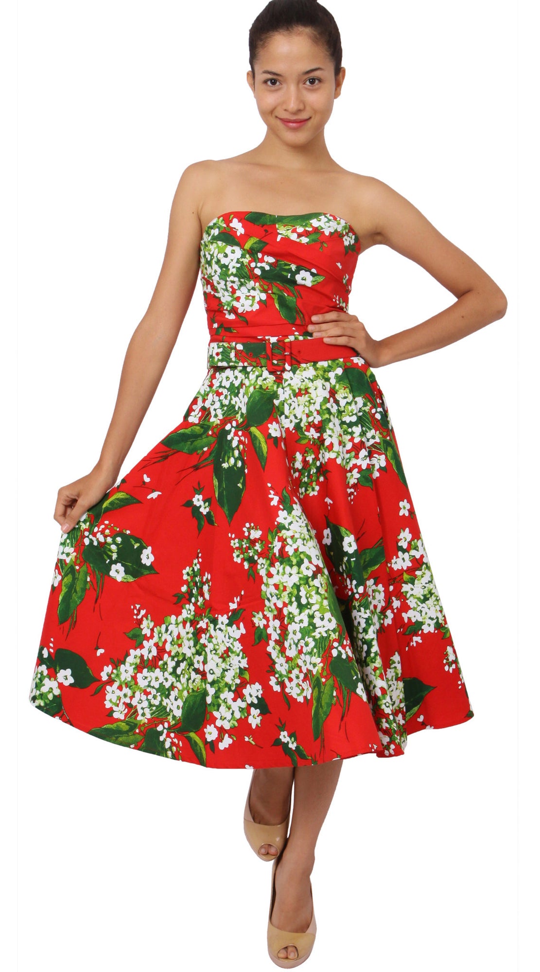 Strapless | White Blossom | Indian Red White | Front-1 | Dress By Samantha Sung