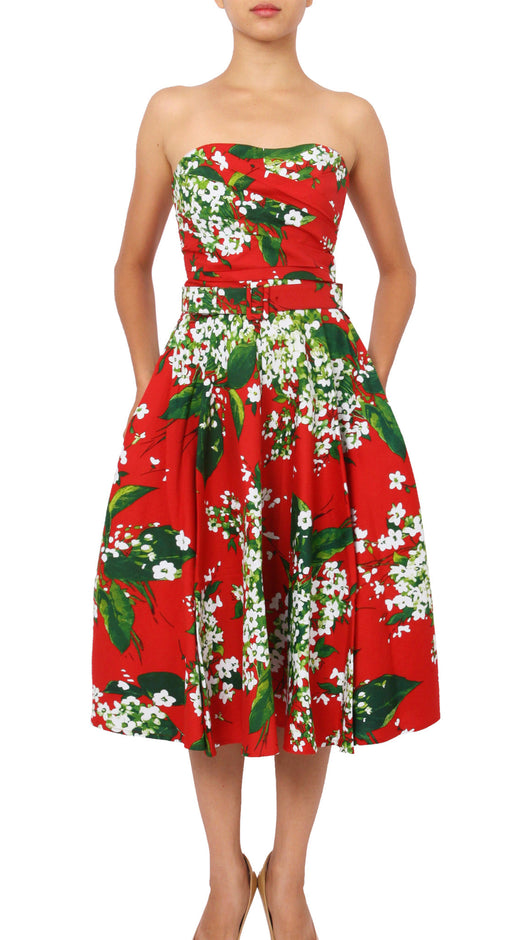 Strapless | White Blossom | Indian Red White | Front-1 | Dress By Samantha Sung
