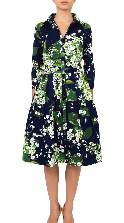 3/4 Sleeve | White Blossom | Indigo White | Front-1 | Shirt Dress By Samantha Sung