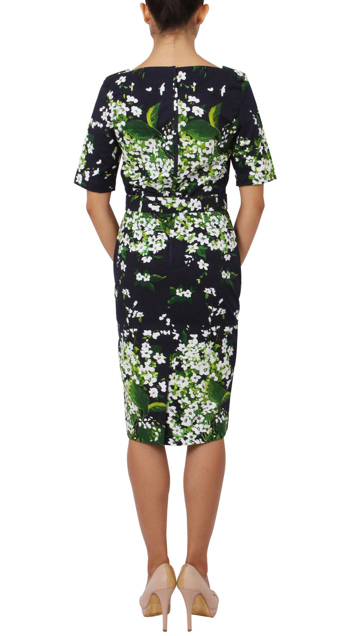 1/2 Sleeve | White Blossom | Indigo White | Back | Dress By Samantha Sung