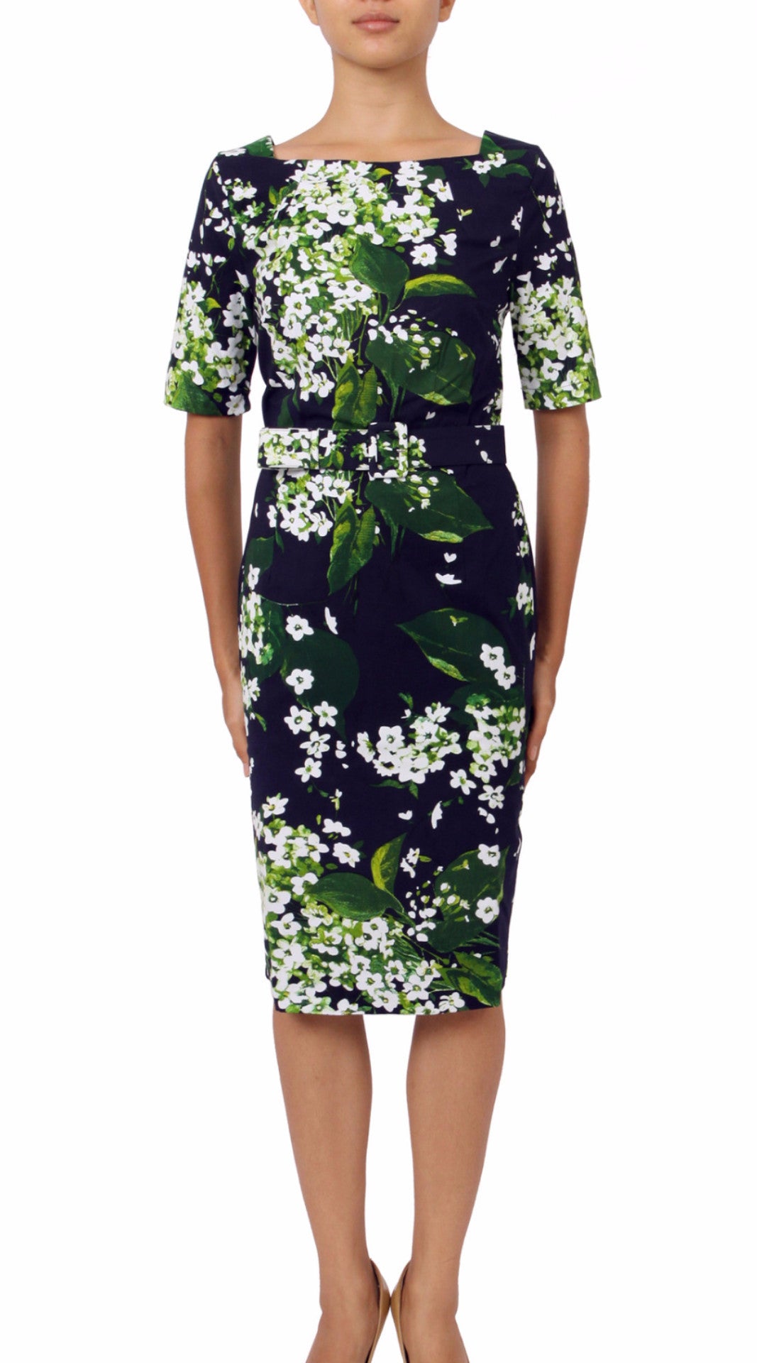 1/2 Sleeve | White Blossom | Indigo White | Front | Dress By Samantha Sung