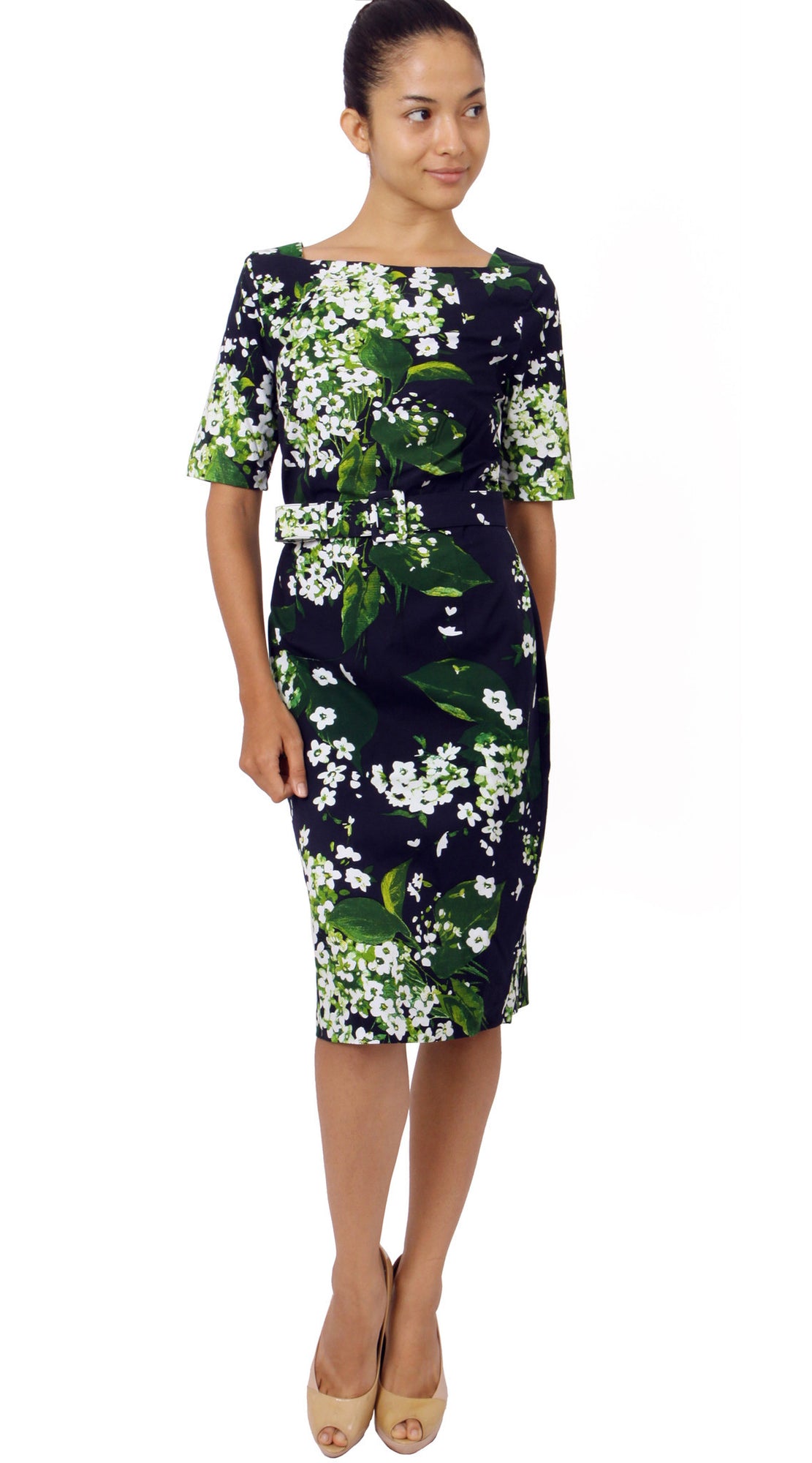 1/2 Sleeve | White Blossom | Indigo White | Front-1 | Dress By Samantha Sung
