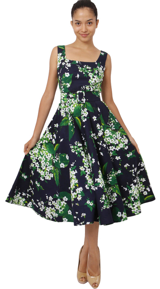 April Dress U Neck Sleeveless Midi Cotton Stretch (White Blossom)