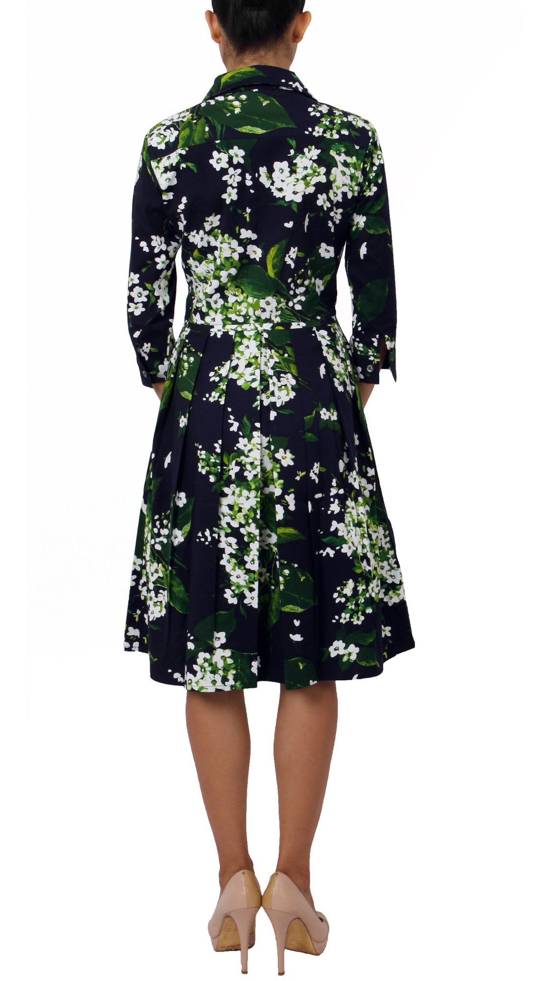3/4 Sleeve | White Blossom | Indigo White | Back | Shirt Dress By Samantha Sung