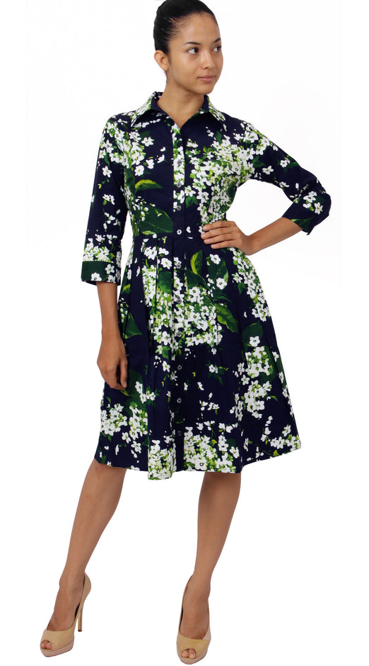 3/4 Sleeve | White Blossom | Indigo White | Front-1 | Shirt Dress By Samantha Sung