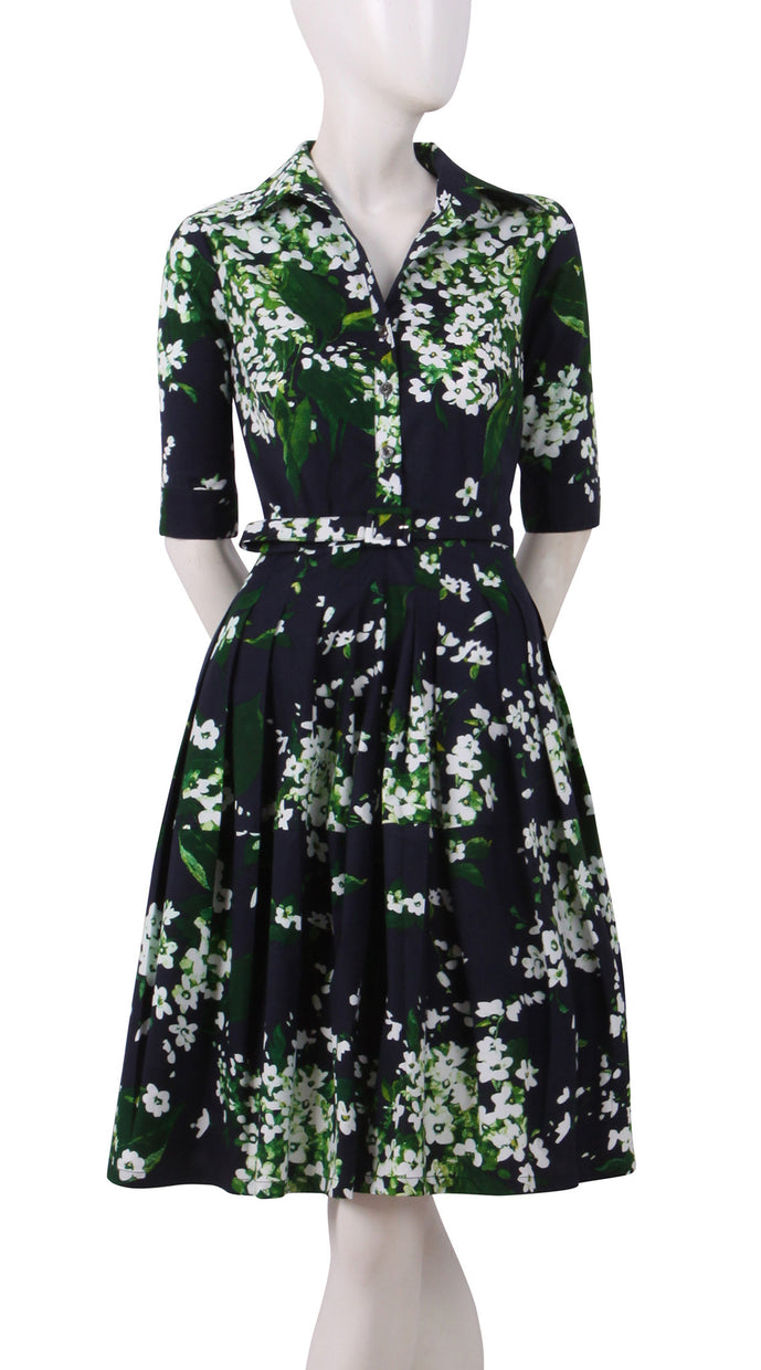 1/2 Sleeve | White Blossom | Indigo White | Front | Shirt Dress By Samantha Sung