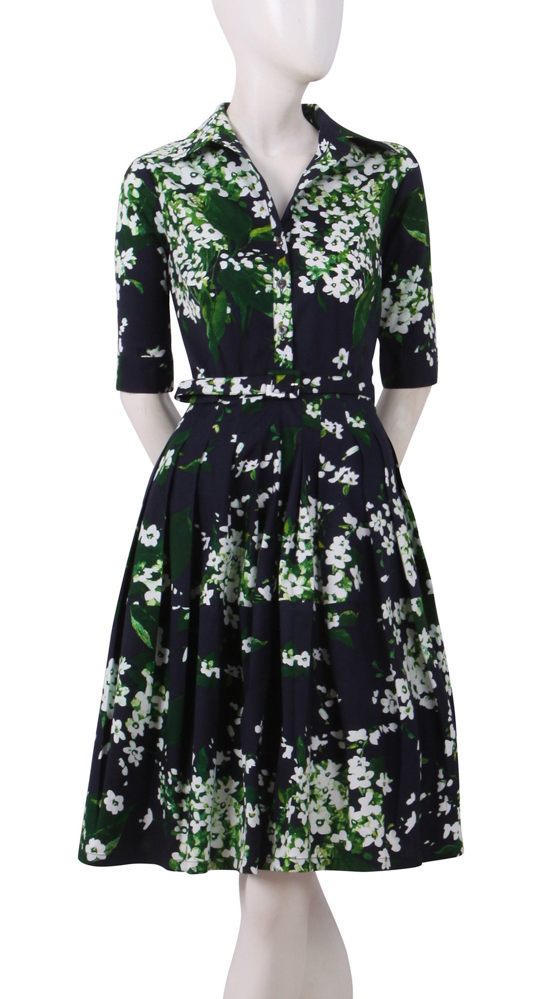 1/2 Sleeve | White Blossom | Indigo White | Front | Shirt Dress By Samantha Sung