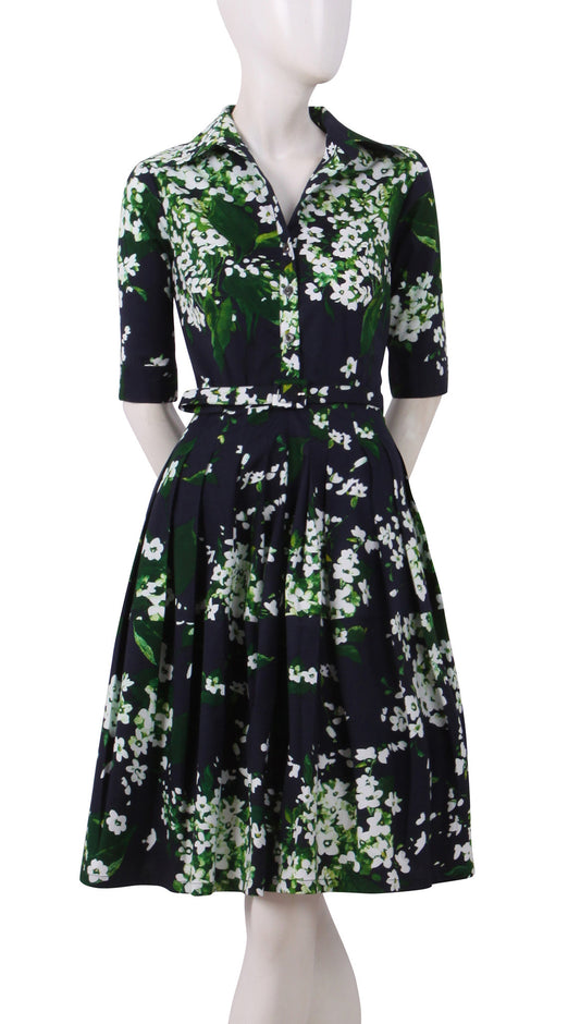 1/2 Sleeve | White Blossom | Indigo White | Front | Shirt Dress By Samantha Sung