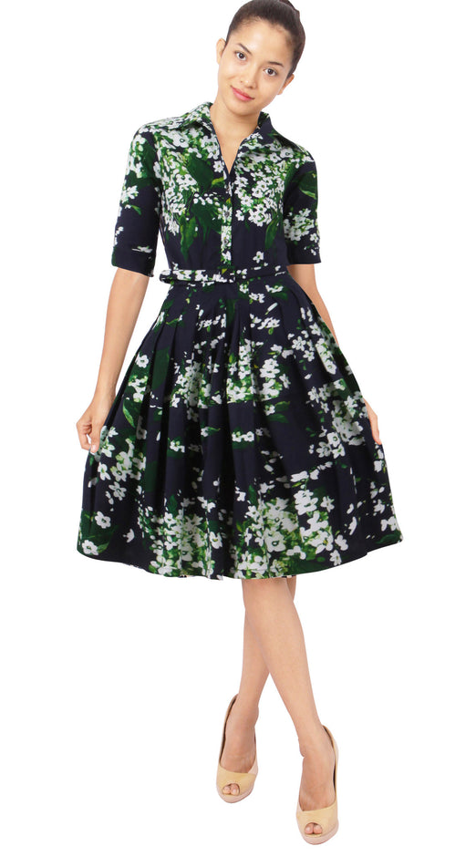 1/2 Sleeve | White Blossom | Indigo White | Front | Shirt Dress By Samantha Sung