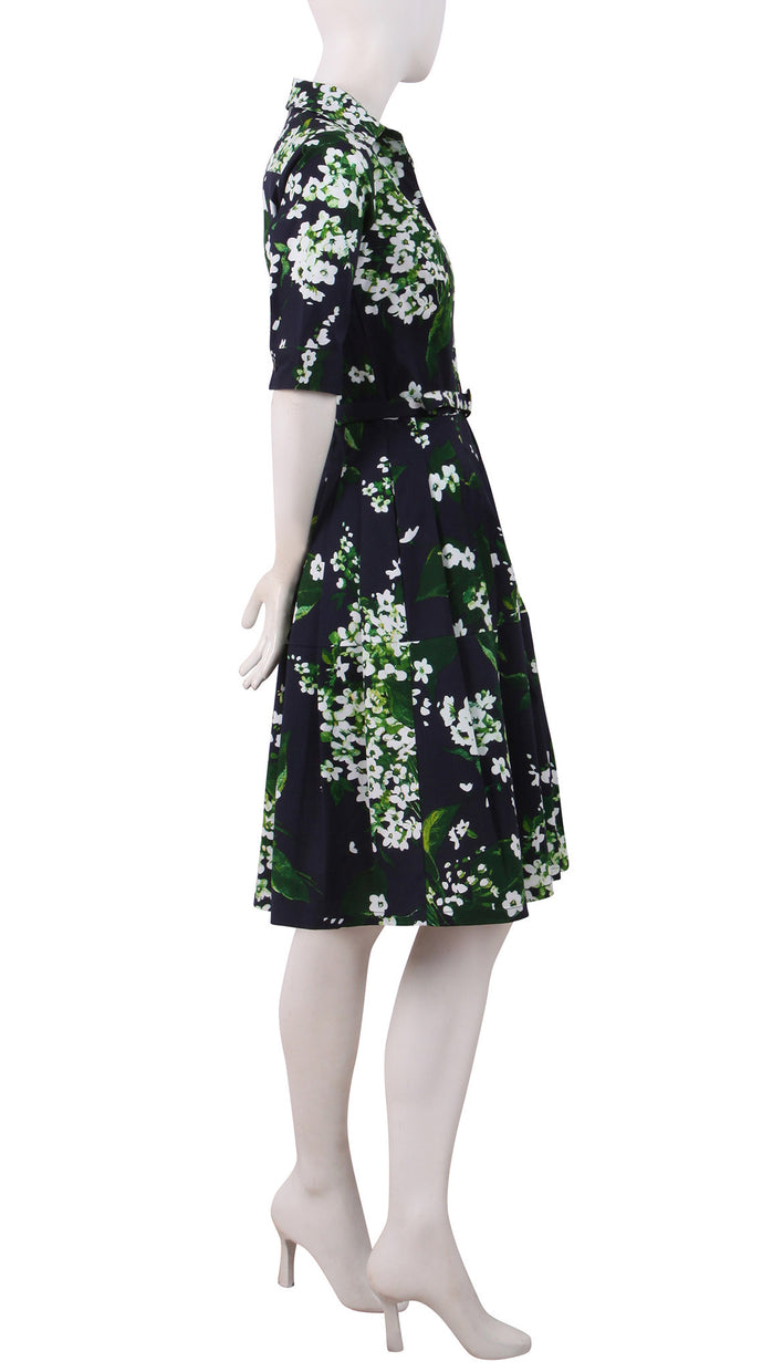 1/2 Sleeve | White Blossom | Indigo White | Right | Shirt Dress By Samantha Sung