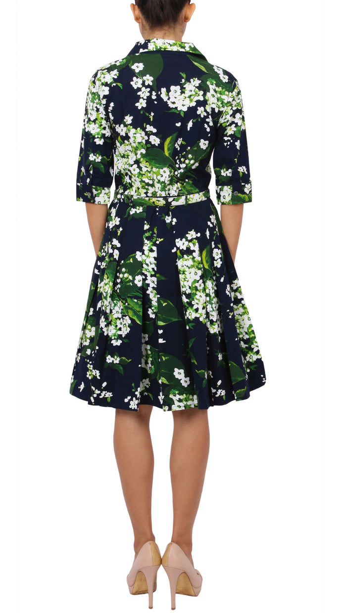 1/2 Sleeve | White Blossom | Indigo White | Back | Shirt Dress By Samantha Sung