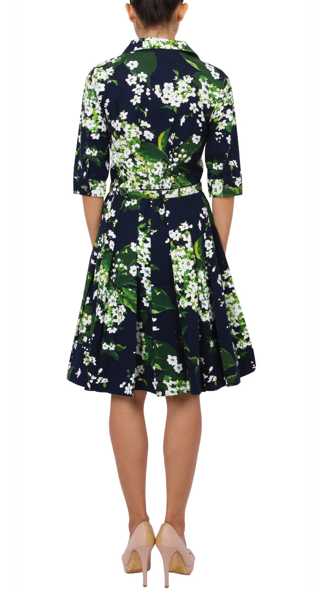 1/2 Sleeve | White Blossom | Indigo White | Back | Shirt Dress By Samantha Sung