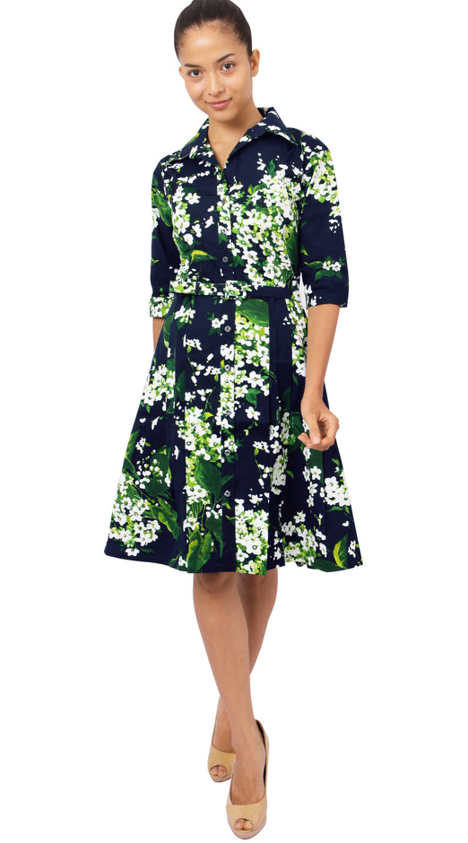 1/2 Sleeve | White Blossom | Indigo White | Front-1 | Shirt Dress By Samantha Sung