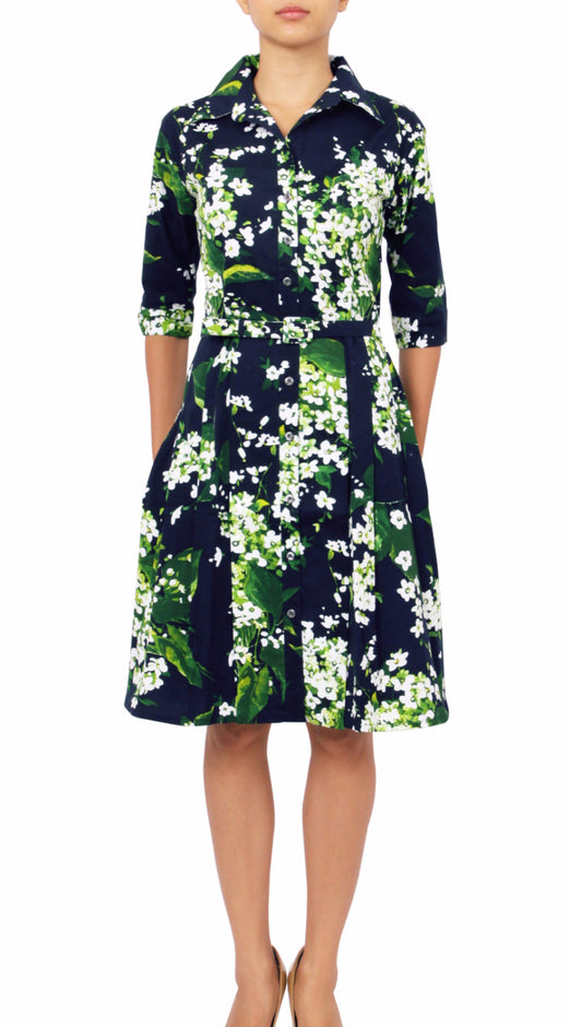 1/2 Sleeve | White Blossom | Indigo White | Front-1 | Shirt Dress By Samantha Sung