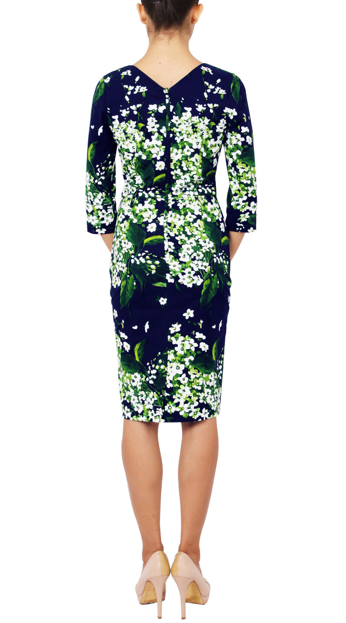 3/4 Sleeve | White Blossom | Indigo White | Back | Dress By Samantha Sung