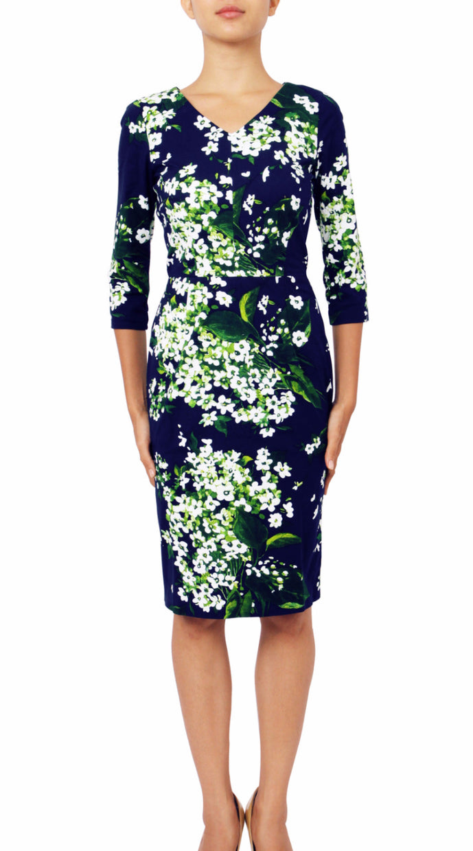 3/4 Sleeve | White Blossom | Indigo White | Front | Dress By Samantha Sung