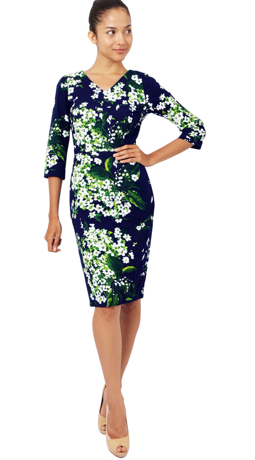 3/4 Sleeve | White Blossom | Indigo White | Front-1 | Dress By Samantha Sung