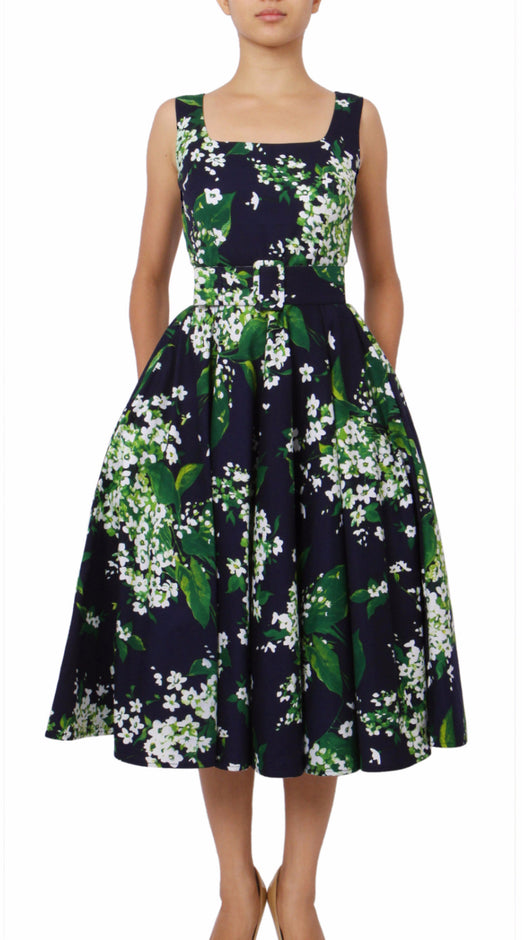 April Dress U Neck Sleeveless Midi Cotton Stretch (White Blossom)