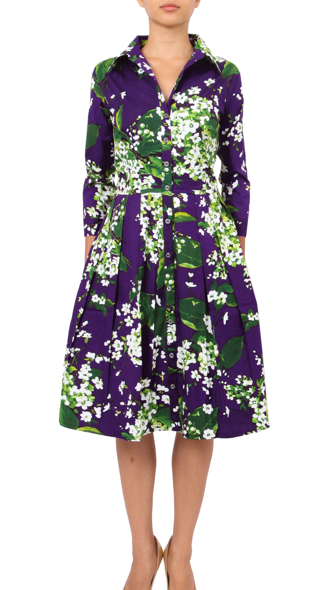 3/4 Sleeve | White Blossom | Lilac White | Front | Shirt Dress By Samantha Sung