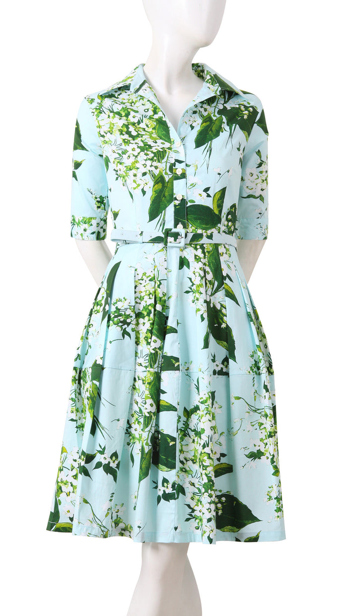 1/2 Sleeve | White Blossom | Soft Blue White | Front | Shirt Dress By Samantha Sung