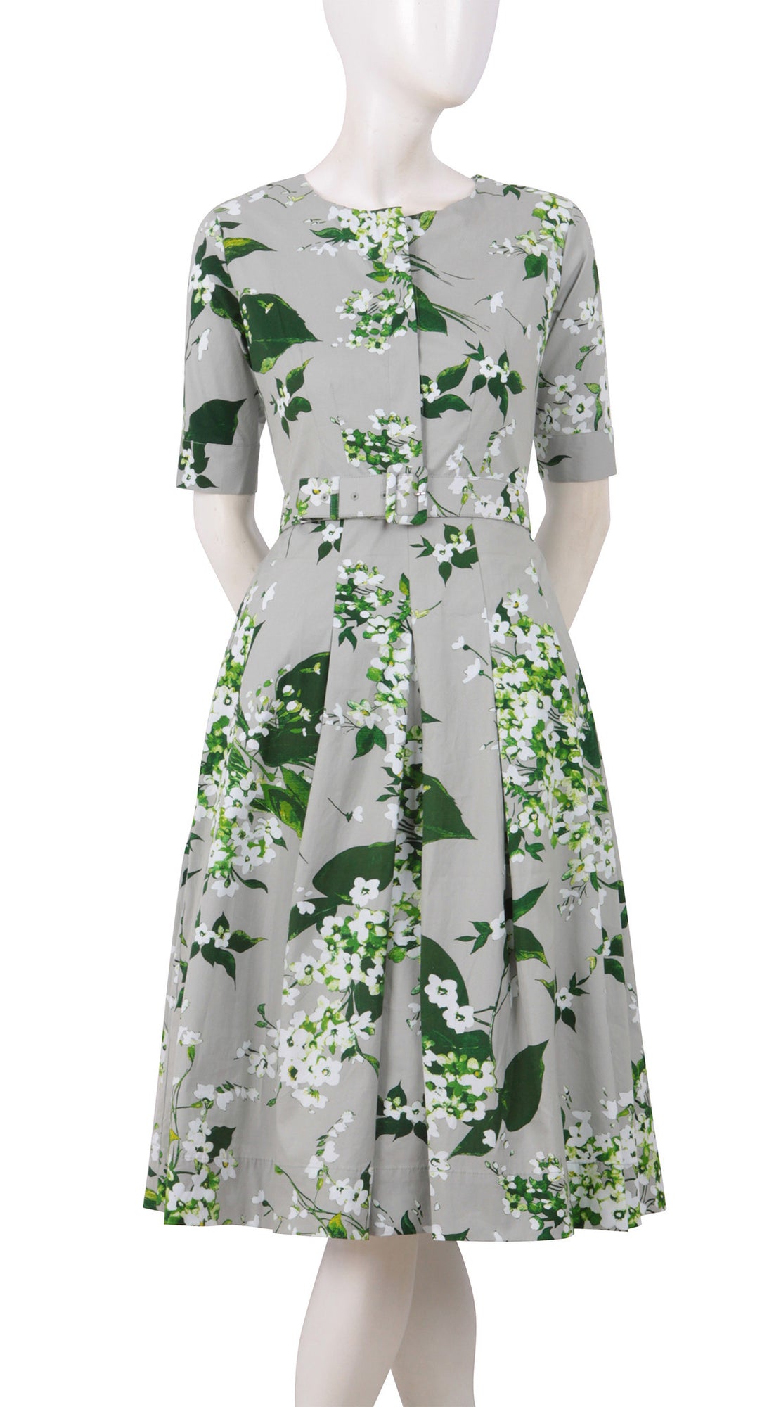 Donna Dress Crew Neck 1/2 Sleeve Midi Cotton Stretch (White Blossom)