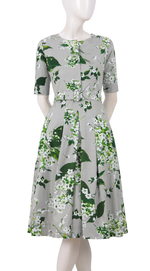 Donna Dress Crew Neck 1/2 Sleeve Midi Cotton Stretch (White Blossom)