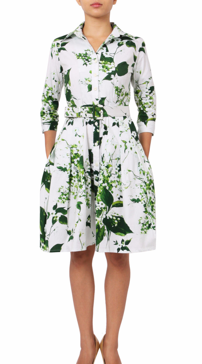 3/4 Sleeve | White Blossom | White White | Front | Shirt Dress By Samantha Sung