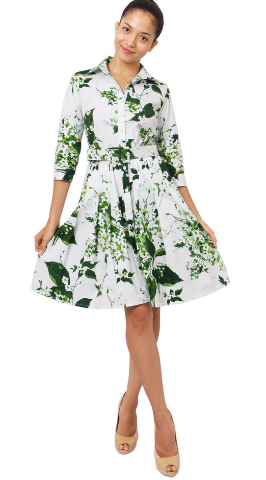 3/4 Sleeve | White Blossom | White White | Front-1 | Shirt Dress By Samantha Sung