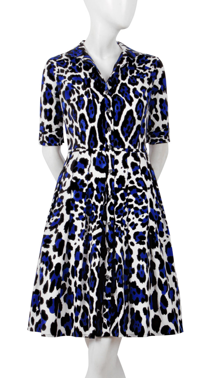 1/2 Sleeve | White Jaguar | White Admiral Blue | Front | Shirt Dress By Samantha Sung