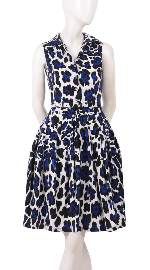 Sleeveless | White Jaguar | White Admiral Blue | Front | Shirt Dress By Samantha Sung