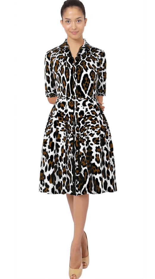 1/2 Sleeve | White Jaguar | White Camel | Front | Shirt Dress By Samantha Sung